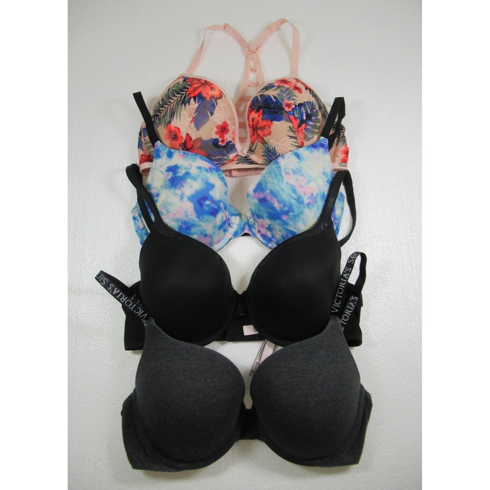 4 Victoria's Secret Bras Lot Bundle 34D Underwire Tropical Tie Dye Push Up